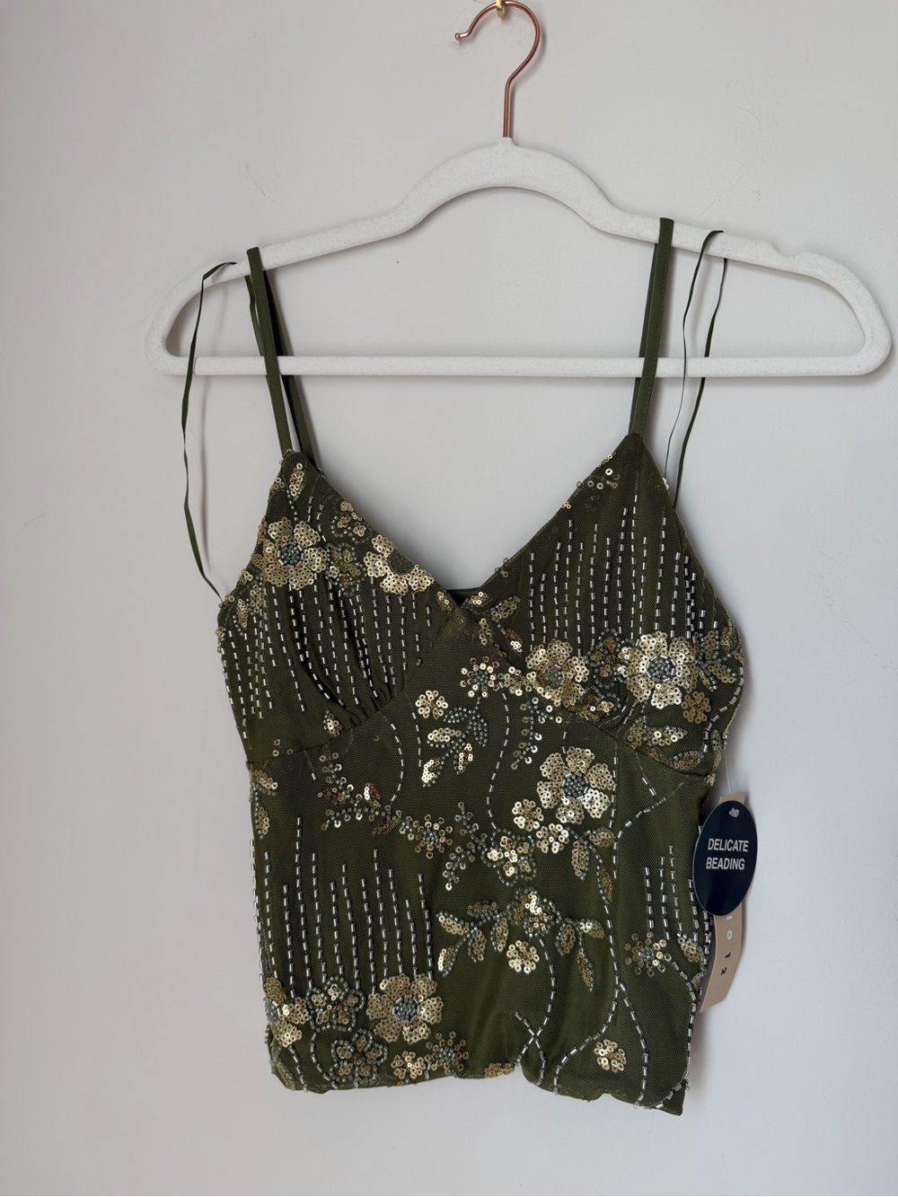 Olive Green beaded Sequin Floral Tank Top